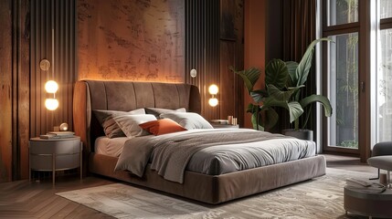 Earthy hues adorn a chic bedroom with a king-sized bed.