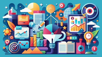 Icons such as the graphs, hot air balloon, gears and clock suggest productivity, ideas and teamwork in a corporate or creative environment.AI generated.