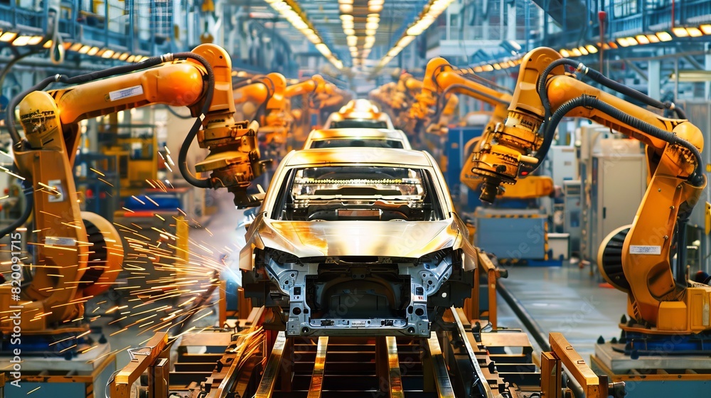Poster the automated assembly line in a modern car factory integrates robotic arms and advanced machinery f