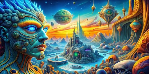 surreal digital art screensaver abstract colorful futuristic background different worlds elements