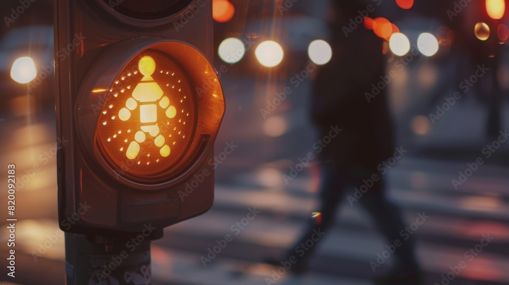 Poster Close-up of a pedestrian crossing button with a traffic light in the background, emphasizing the use of crosswalks