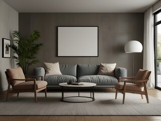 Elegant Wall Art: Picture Frame Mockup Enhancing a Living Room