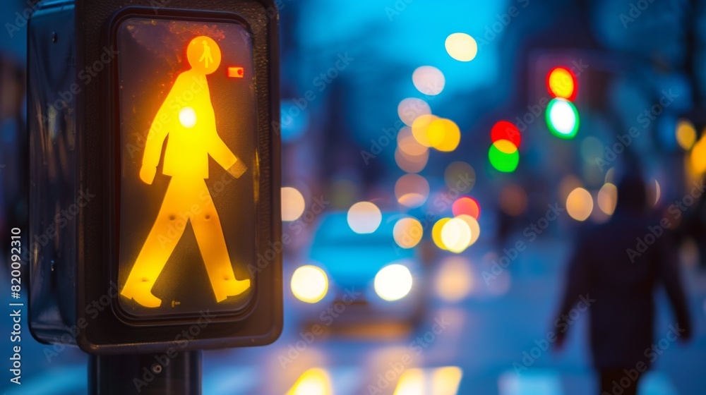 Poster Close-up of a pedestrian crossing button with a traffic light in the background, emphasizing the use of crosswalks