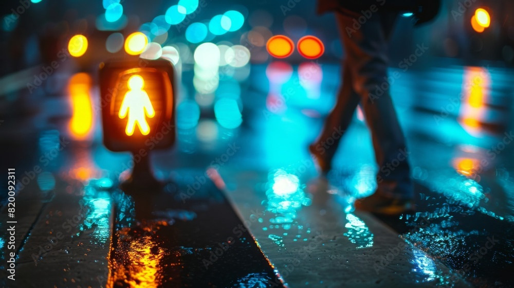 Poster Close-up of a pedestrian crossing button with a traffic light in the background, emphasizing the use of crosswalks