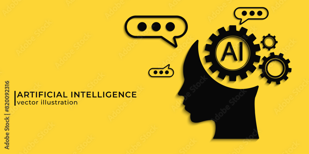 Poster Chatbot assistant application. Artificial intelligence technology concept design, Machine learning and generation by chip, AI chatbot service. Vector illustration for banner and web template.