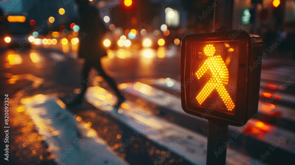 Poster Close-up of a pedestrian crossing button with a traffic light in the background, emphasizing the use of crosswalks