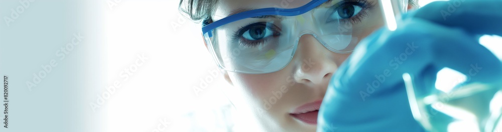 Poster in a laboratory, a scientist wears protective glasses, thoroughly examining a sample with precision 