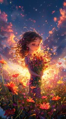 Romantic silhouettes of siblings gazing at the sunlit sky In the middle of a field of flowers
