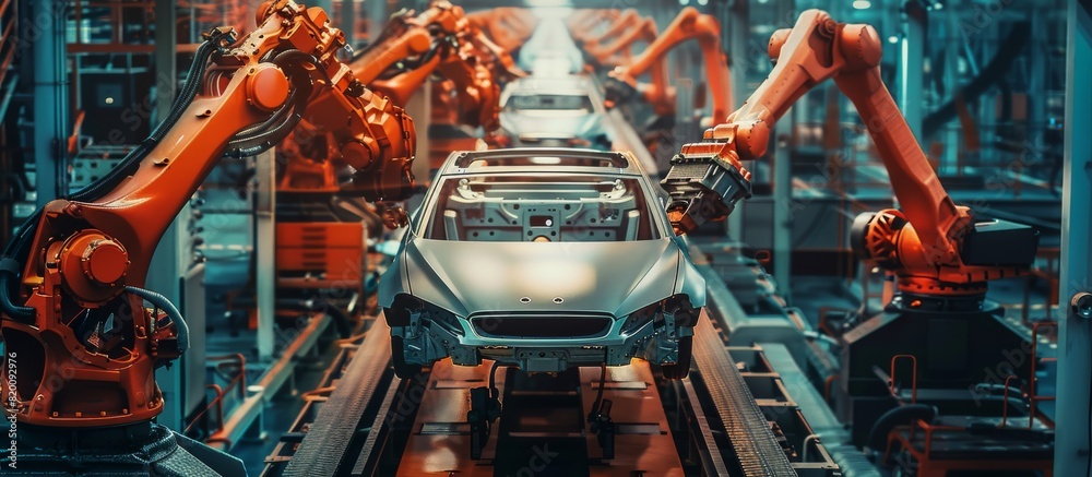 Poster Automated robotic car manufacturing assembly line is established in a modern factory, utilizing hightech robotic arms and industrial robots for efficient production in the automotive industry