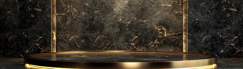 Luxury black showcase product podium with gold accents, soft spotlight, and a sleek, sophisticated design, Luxury Black, black and gold, highend and classy, polished and opulent