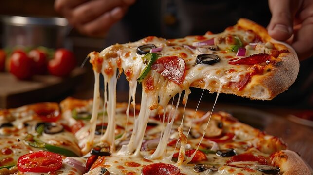 A hand lifting a pizza slice, the cheese stretch a testament to the perfect blend of toppings and melt