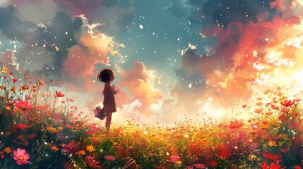 Romantic silhouettes of siblings gazing at the sunlit sky In the middle of a field of flowers