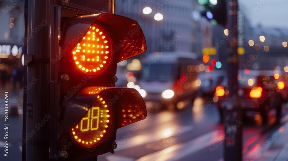 Poster Close-up of a traffic light with a countdown timer for pedestrians, showing seconds left to cross.