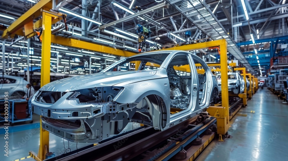 Poster modern automotive factories use advanced manufacturing techniques and technology on the vehicle asse
