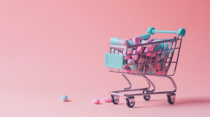 a miniature shopping cart filled with colorful pills. Vitamins, Capsules in Medicine