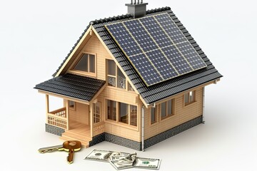 miniature of modern house design with solar panel technology isolated on white background 