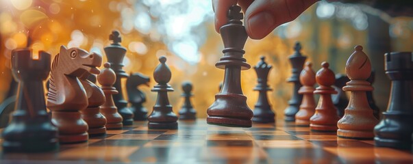 A person makes a move on a chess board in a strategic game of chess