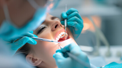 A hygienist performing a professional teeth cleaning on an adult, highlighting the importance of regular cleanings. Dynamic and dramatic composition, with cope space