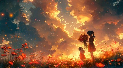 Obraz premium Romantic silhouettes of siblings gazing at the sunlit sky In the middle of a field of flowers