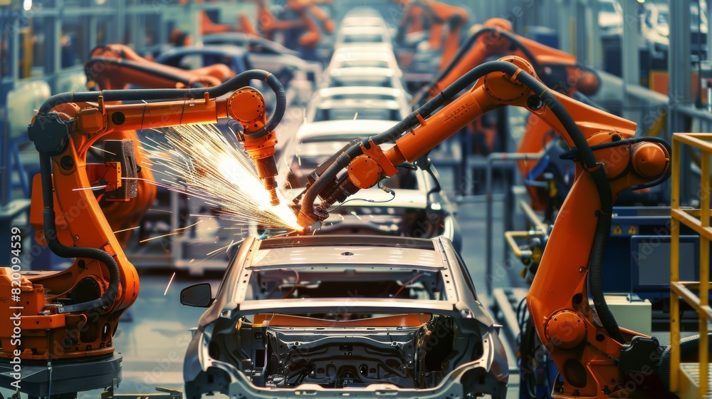 Poster Robotic arms in a cuttingedge automotive factory efficiently handle welding tasks, showcasing advanced technology and engineering through a seamless blend of automation and robotics