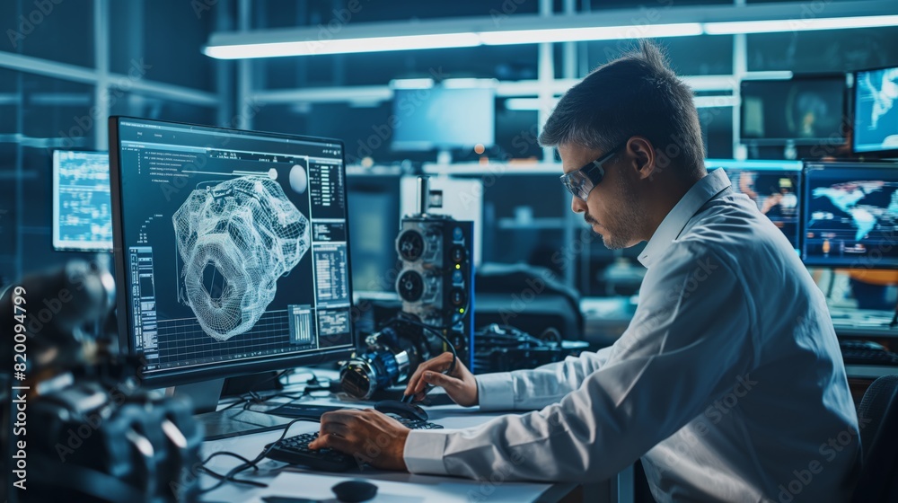 Aufkleber In the tech lab, an engineer is focused on analyzing a cuttingedge 3D model on a computer. The professional workspace includes advanced software and hardware for design and analysis
