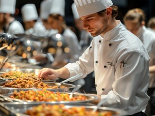 A chef is preparing food in front of a buffet table. The table is filled with various dishes, and the chef is using a spoon to serve food. Concept of busyness and anticipation - Powered by Adobe