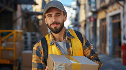 a logistic worker in casual attire, the satisfaction of a job well done on his face as he handles the delivery boxes with a gentle touch.