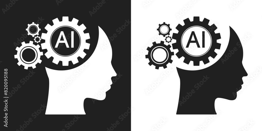 Poster Human face with a gears icon. Artificial intelligence technology concept design, Machine learning. Isolated artificial Intelligence symbols. Vector illustration for banner and web template.
