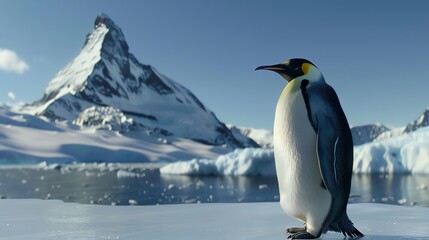 Fototapeta premium Majestic emperor penguin standing on icy terrain with a snow-covered mountain peak in the background on a clear, sunny day.
