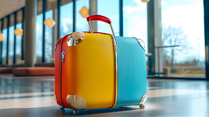 Colorful yellow, orange and blue suitcase in a modern hotel hall with large windows in the background