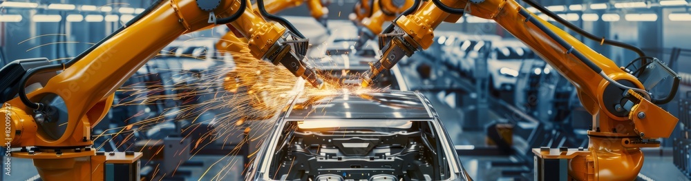 Poster robotic arms are used for welding cars in a modern car factory, highlighting the advanced technology