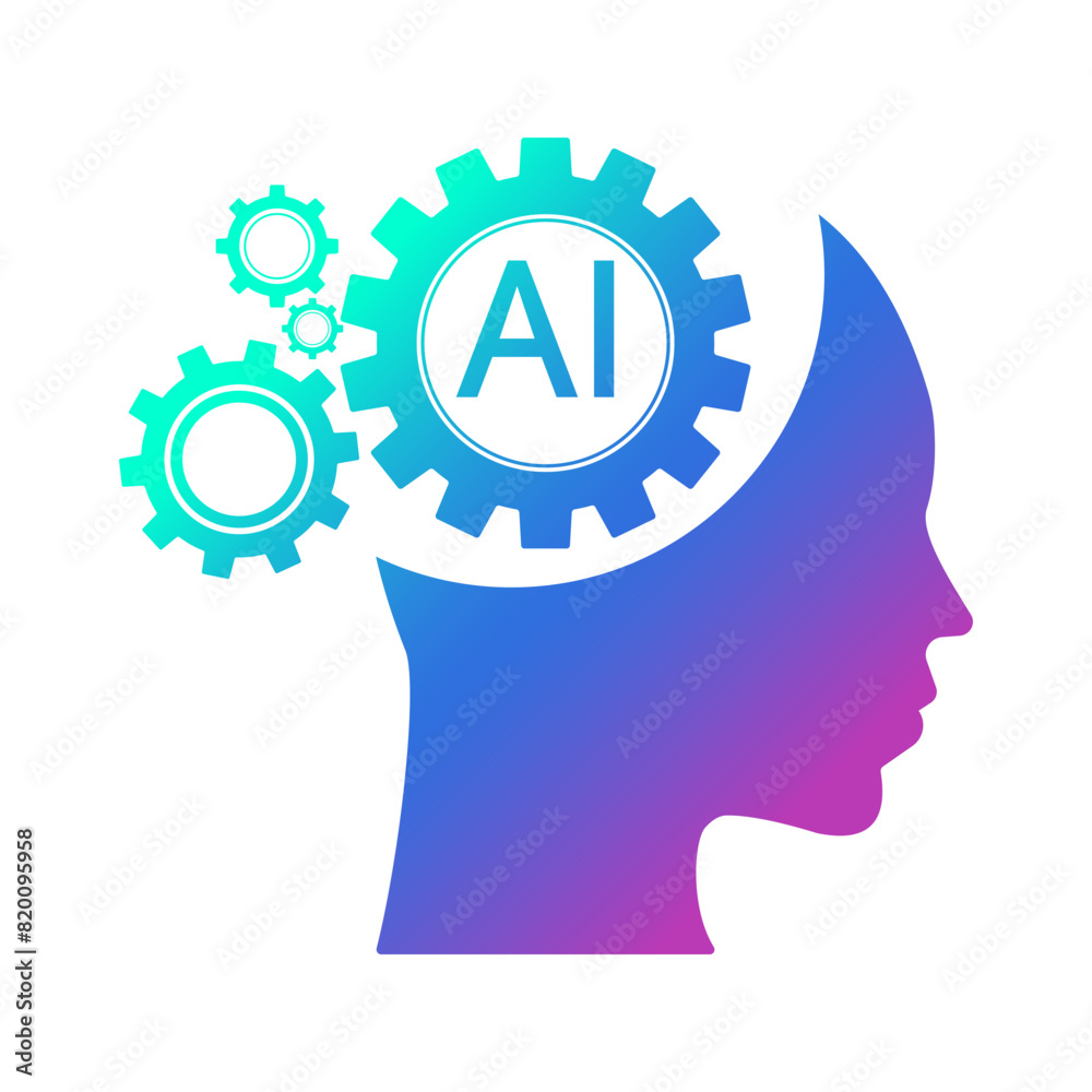 Aufkleber Human face with a gears icon. Artificial intelligence technology concept design, Machine learning. Isolated artificial Intelligence symbols. Vector illustration for banner and web template.