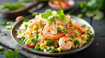 Colorful plate of Chinese-style fried rice with shrimp, eggs, and mixed vegetables, garnished with fresh cilantro and green onions.