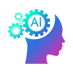Human face with a gears icon. Artificial intelligence technology concept design, Machine learning. Isolated artificial Intelligence symbols. Vector illustration for banner and web template.