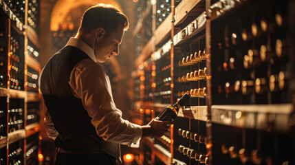 a sommelier in a wine cellar, examining a vintage bottle, the subtle lighting accentuating the rows of wooden wine racks behind, capturing the texture and depth of the scene. - Powered by Adobe