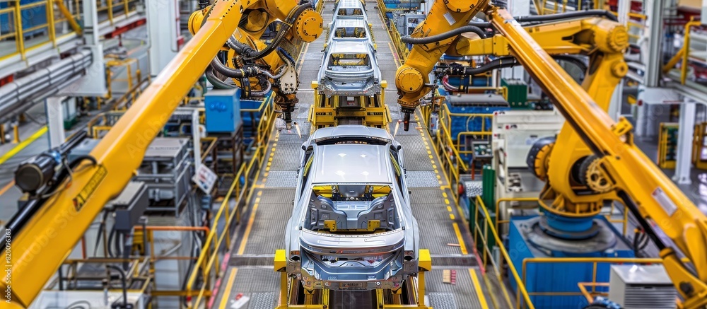 Poster in a modern factory, a hightech automobile assembly line with robotic arms is used for car manufactu