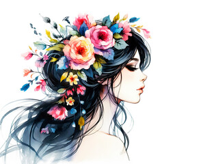 Naklejka premium Artistic silhouette of a woman with vibrant watercolor flowers intertwined in her flowing hair, creating an ethereal ambiance