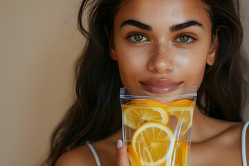 A radiant woman without makeup is smiling and holding an IV vitamin bag with orange slices against a beige background, promoting IV drip therapy