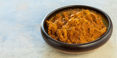 Homemade sesame and pumpkin seeds Mexican sauce Pipian Tlatonile. Banner with space for text.