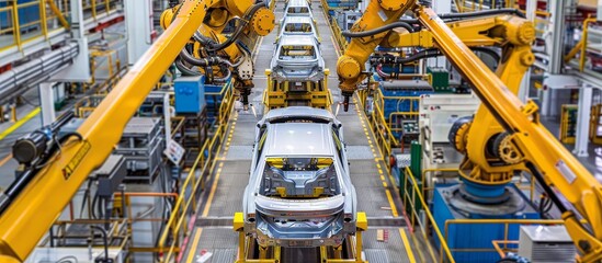 In a modern factory, a hightech automobile assembly line with robotic arms is used for car manufacturing. This innovative system integrates robotics and automation in the production process