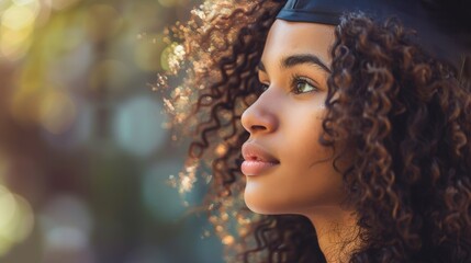 Fototapeta premium Graduate cap, trees, and woman's back with bokeh symbolizes education, success, and ambitions. Natural surroundings, model space, and female college graduate planning futures inspire.