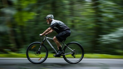Sportsman, mountain biker, or nature lover rides bicycle for triathlon challenge, journey, or cardio. French cyclist training for race, fast motion blur or profile.