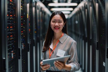 Asian woman with portrait smile and server room technician with tablet for networking, maintenance, or system inspection. Data management or monitoring female engineer smiling with touchscreen