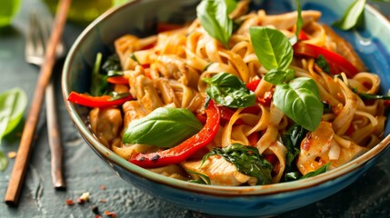 Colorful Thai basil chicken noodle stir-fry served in a bowl, with tender chicken, rice noodles, and fresh basil leaves.
