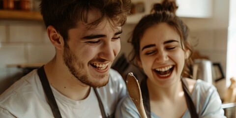 A loving couple cooks a supper together at their house. Food, spoon, guy feeding woman in a house...