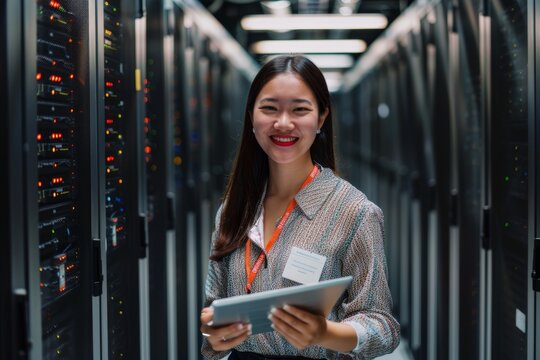 Asian woman with portrait smile and server room technician with tablet for networking, maintenance, or system inspection. Data management or monitoring female engineer smiling with touchscreen