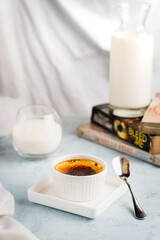 breakfast with milk on a white table