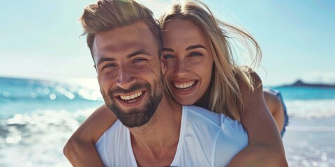 Love, couple, and hug at beachside vacation or summer getaway. Romance, support, and caring of man and woman caressing, cuddling, and relaxing on the beach.