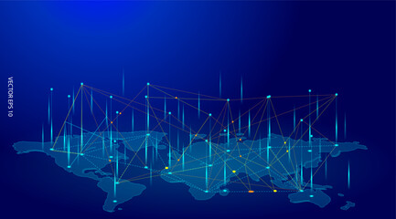 Vector illustration global network connection with connecting people. Social networking, teamwork and global communication technology concept. Blue light background.