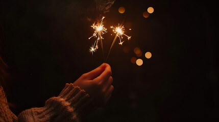 Woman's hand holding sparklers stick on fire from top drop down, flame spread long light with bokeh of light bulb at night time on black background